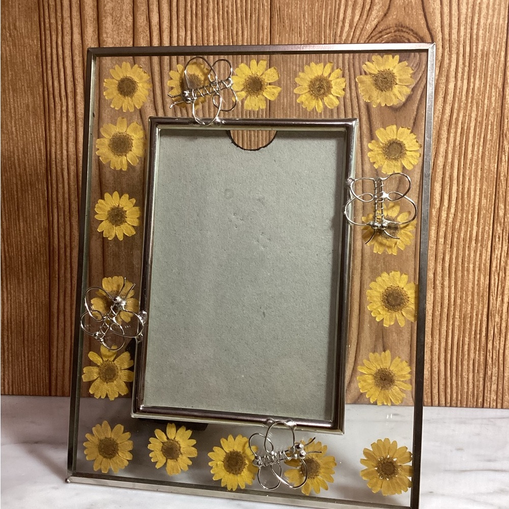 Pressed Sunflower in Glass Photo Frame with Silver Accents of Butterflies